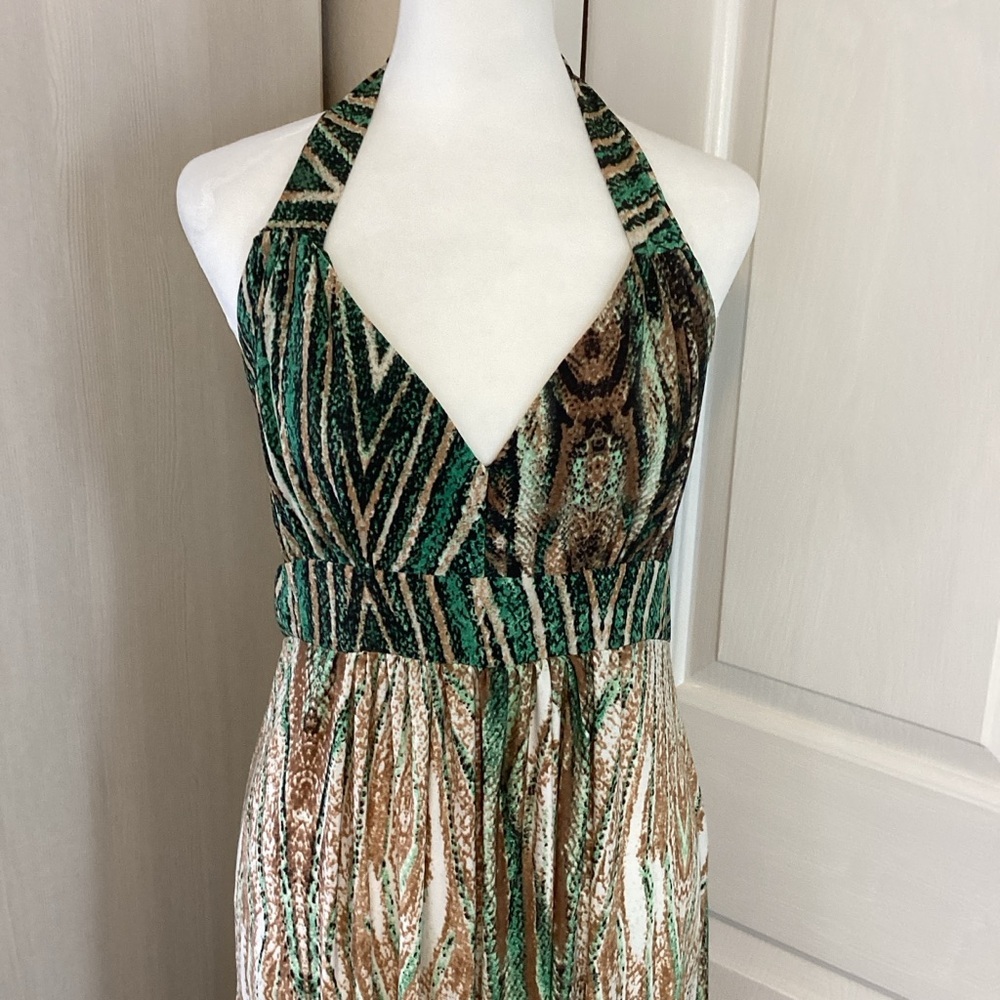 India Boutique Green and Brown Abstract Halter Maxi Dress One Size